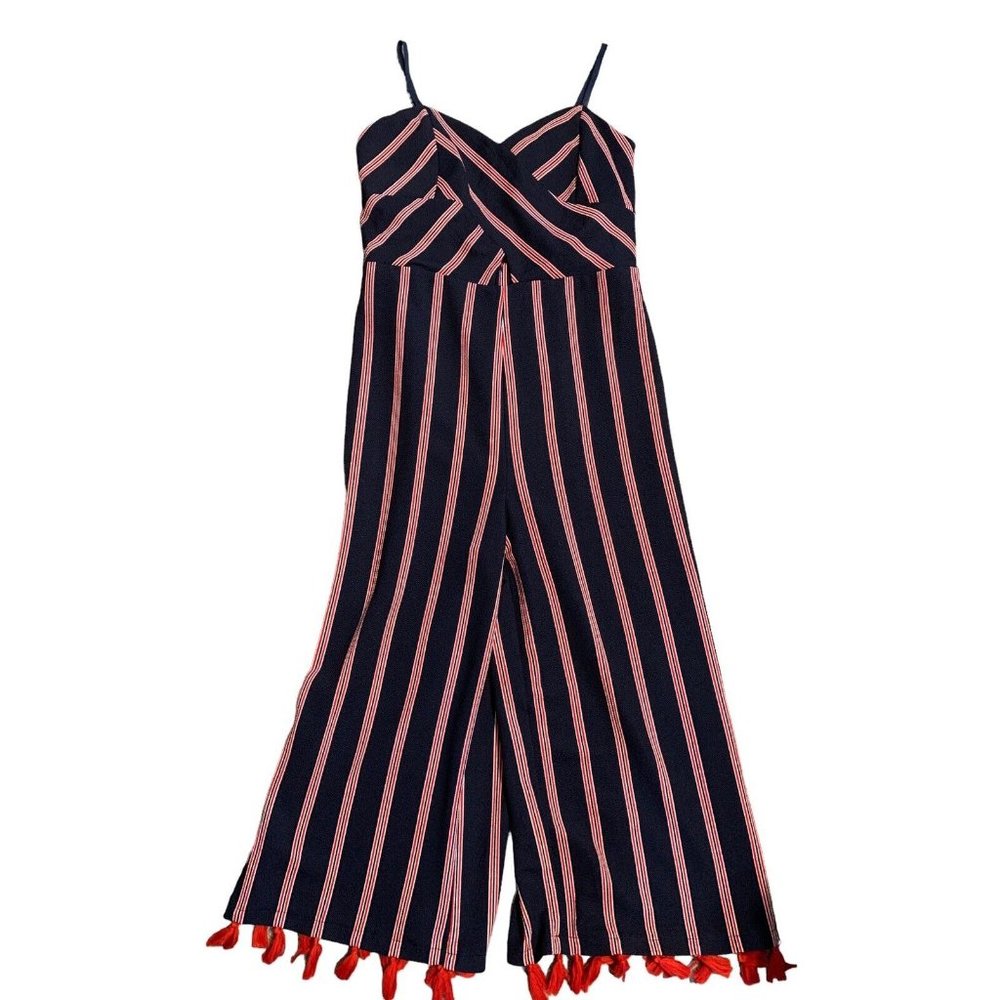See You Monday Blue Red Tassel Hem Jumpsuit Dress Size X Large Multi-Stripe